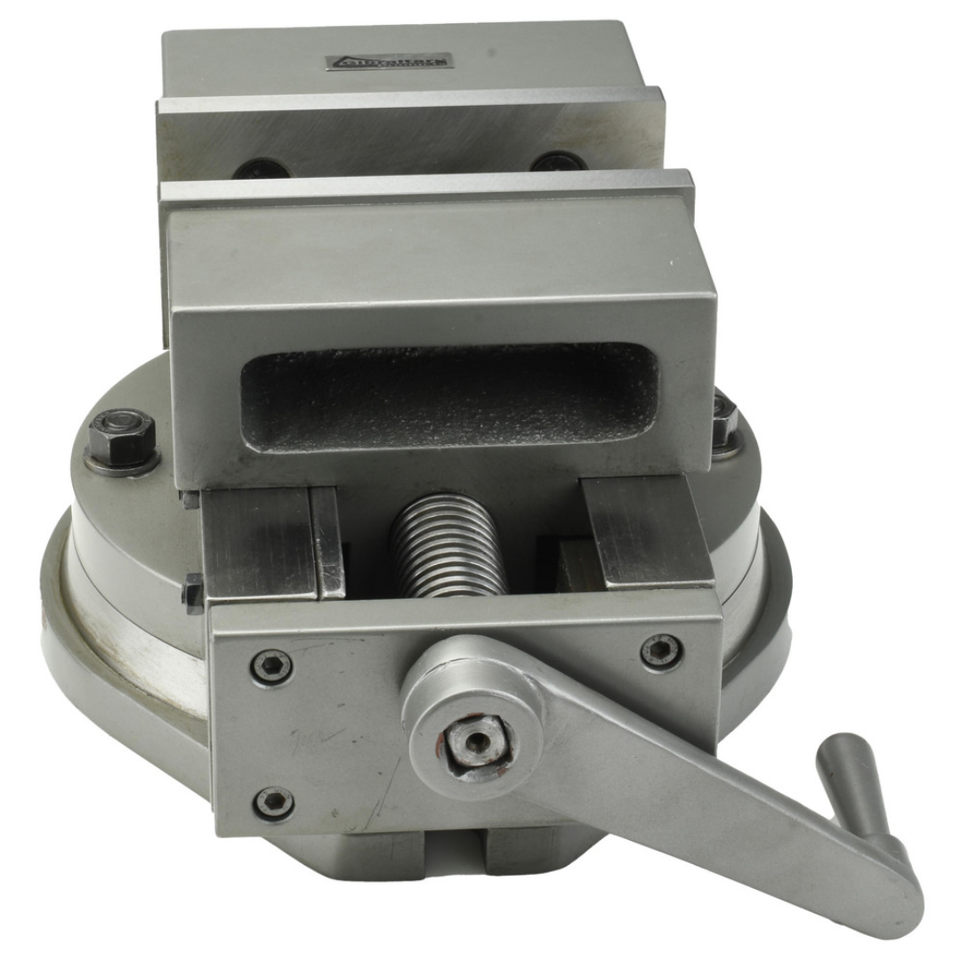 Gibraltar Self-Centering Vise: 6.0000" Max Jaw Opening 110083 rear view illustrating the swivel base locking mechanism and robust machine vise construction.