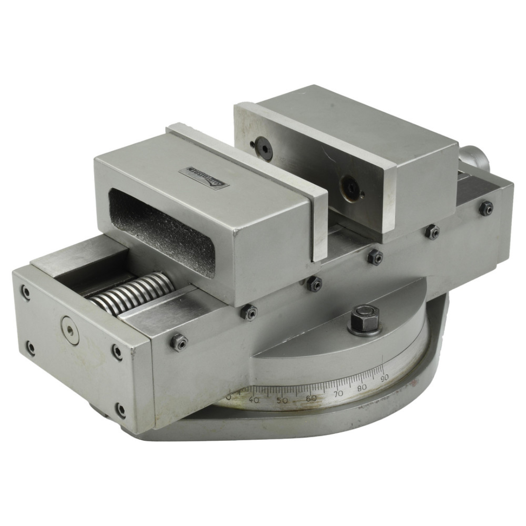 Gibraltar Self-Centering Vise: 6.0000" Max Jaw Opening 110083 three-quarter view showing the compact industrial machine vise with swivel base for milling and drilling operations.