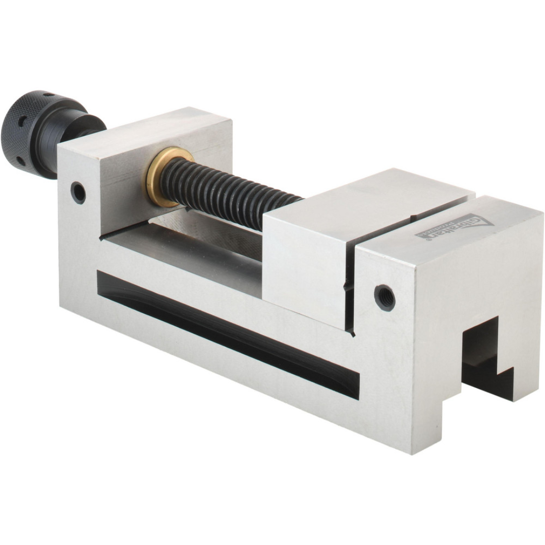 Gibraltar Toolmakers Vise GB-Vise-001 side perspective highlighting the precision-machined steel construction, smooth jaw travel, and hardened flat jaws for accurate workholding in toolrooms.