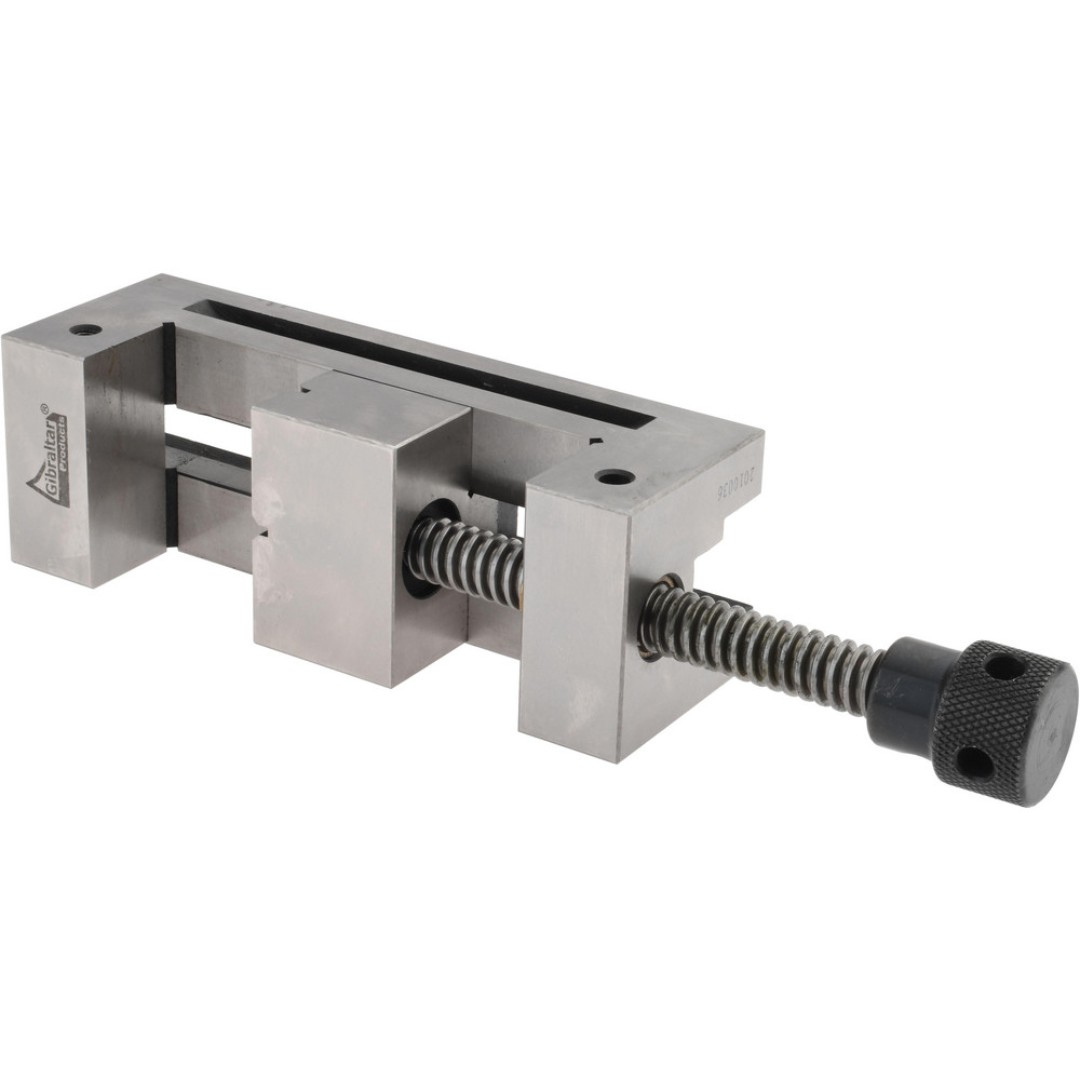 Gibraltar Toolmakers Vise GB-Vise-004 disassembled view displaying the precision vise body, movable jaw, and spindle assembly for maintenance and high-accuracy machining applications.