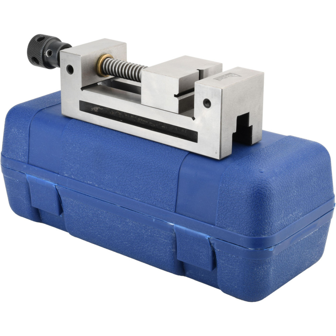 Gibraltar Toolmakers Vise GB-Vise-004 precision toolmaker's vise stored in a protective carrying case, featuring hardened steel construction for professional toolroom, inspection, and machining environments.