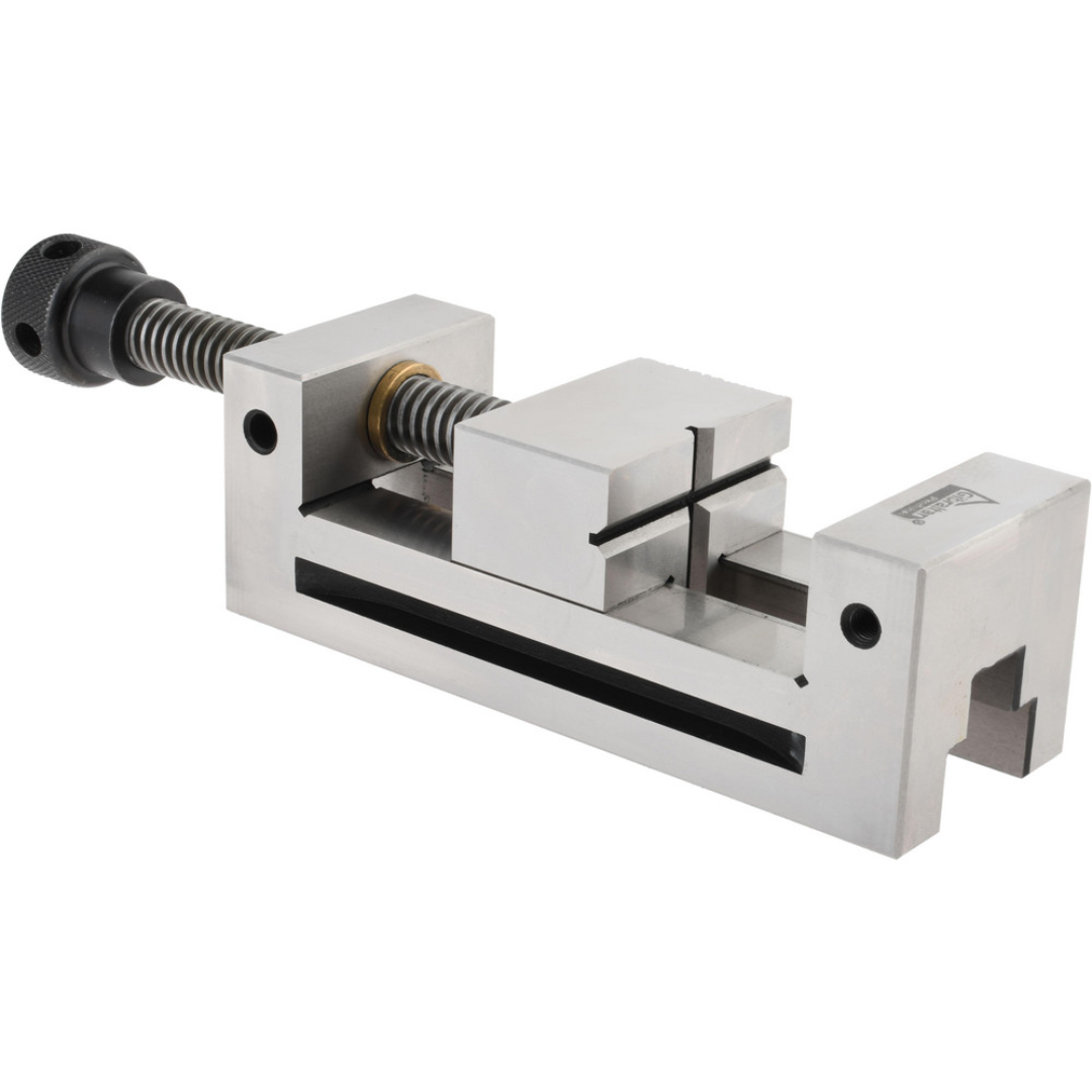 Gibraltar Toolmakers Vise GB-Vise-006 angled side view showing the precision-ground body, hardened steel jaws, and fine-thread spindle for accurate and repeatable workholding.