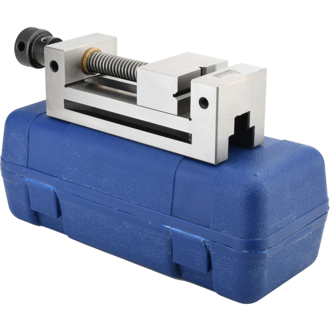 Gibraltar Toolmakers Vise GB-Vise-006 precision vise stored in a protective carrying case, featuring hardened steel construction for professional toolroom, inspection, and machining applications.
