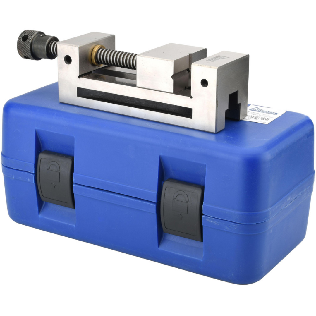Gibraltar Toolmakers Vise TAS-60 precision vise displayed with protective storage case, featuring hardened steel construction for secure clamping in toolrooms, machine shops, and inspection environments.