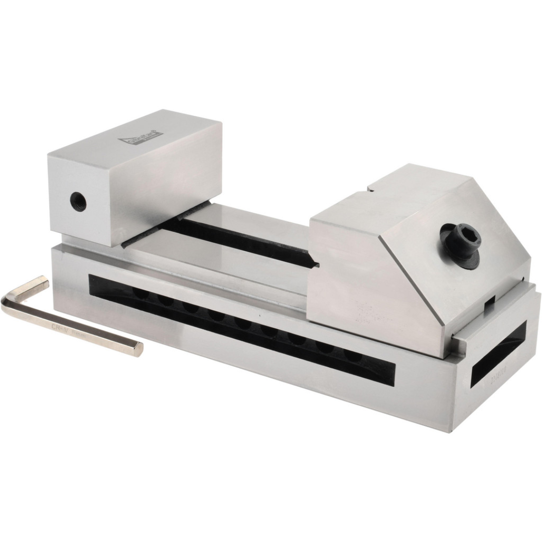 Gibraltar Toolmakers Vise TVS-40 front angled view showing the precision-ground steel body, hardened flat jaws, lead screw, and hex key for accurate grinding, inspection, and toolroom applications.