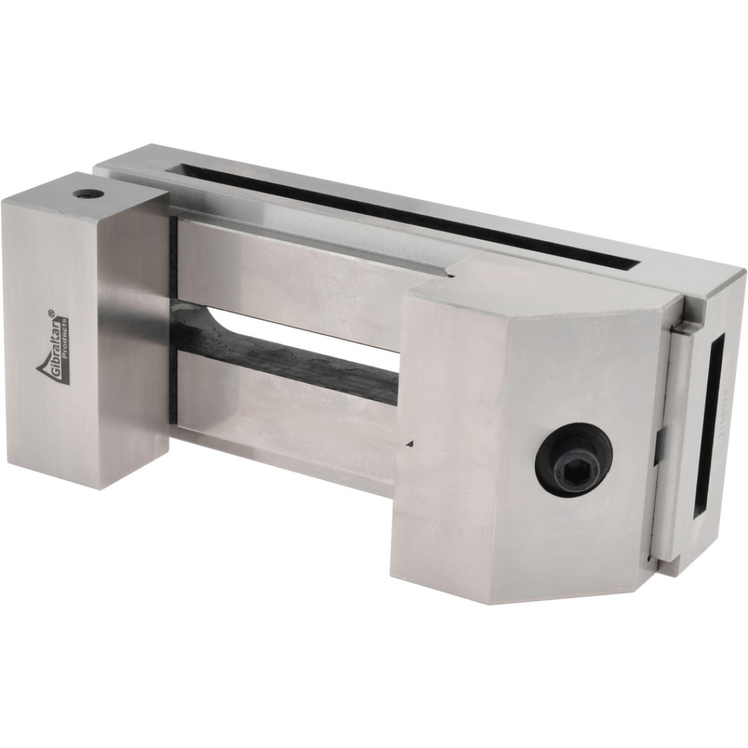 Gibraltar Toolmakers Vise TVS-40 rear view displaying the hardened steel body, precision lead screw assembly, and rigid clamping system for machining and inspection tasks.