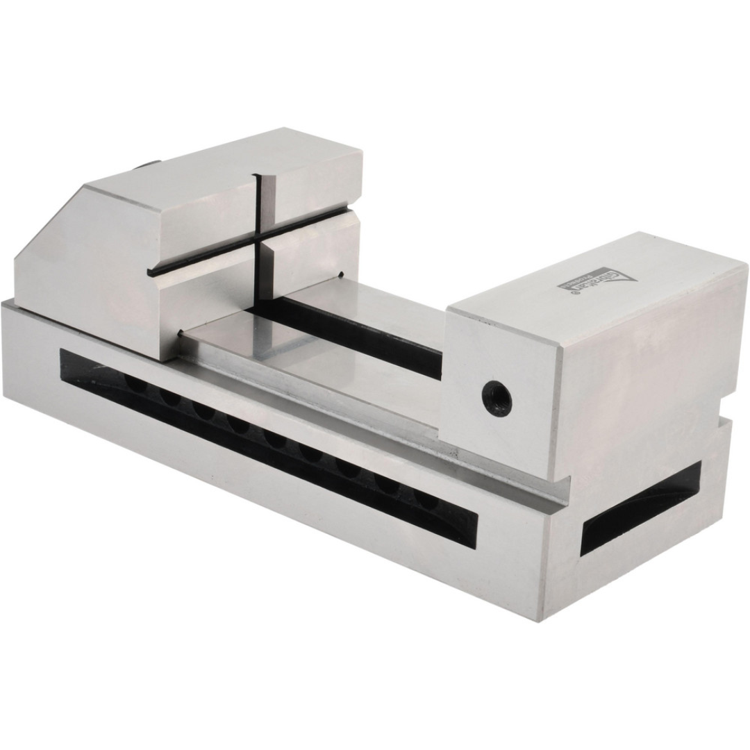Gibraltar Toolmakers Vise TVS-40 side perspective highlighting the precision-machined steel construction, low-profile design, and smooth jaw travel for high-accuracy workholding.