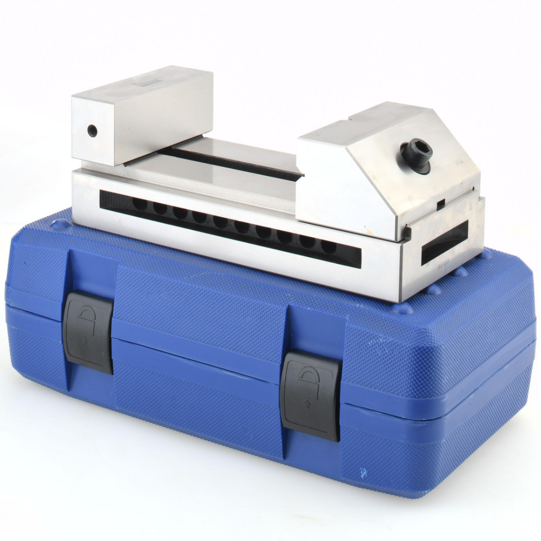 Gibraltar Toolmakers Vise TVS-50 packaged view displaying the precision toolmaker's vise with protective storage case, designed for professional toolroom, metrology, and machining environments.