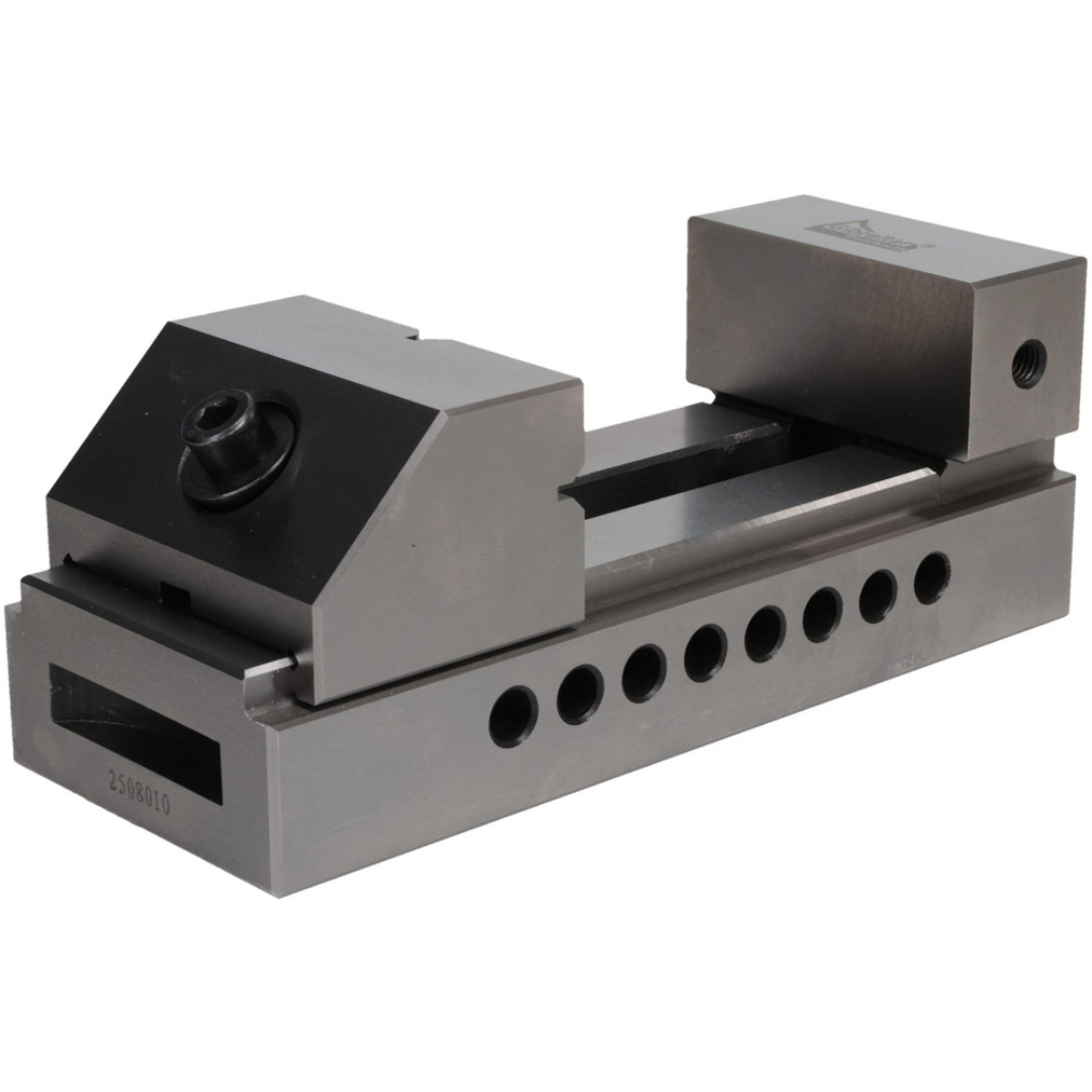 Gibraltar Toolmakers Vise XTMV/23 angled front view showing the precision-ground fixed and movable jaws with a hardened steel body designed for accurate workholding.