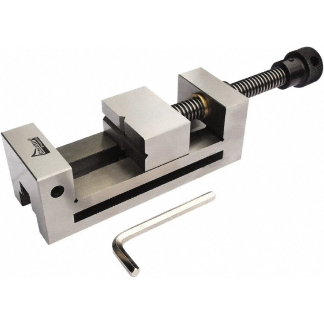 Gibraltar Toolmakers Vise XTMV/ST/4 front angled view showing the precision-ground steel body, hardened jaws, lead screw, and hex key for high-accuracy toolroom and inspection applications.