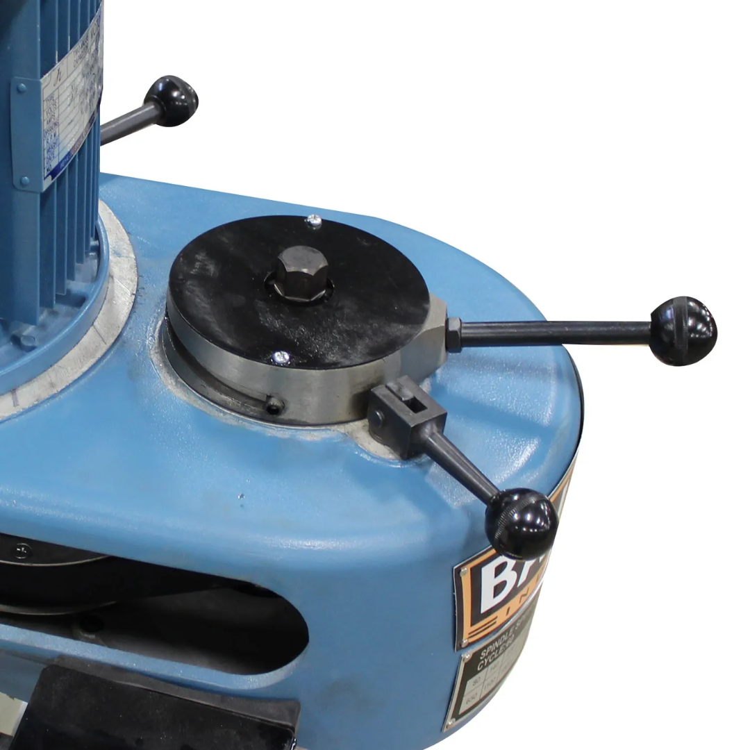 Handwheel and precision table feed controls on the Baileigh Vertical Knee Mill - VM-942E-1 1020695 for smooth manual positioning.