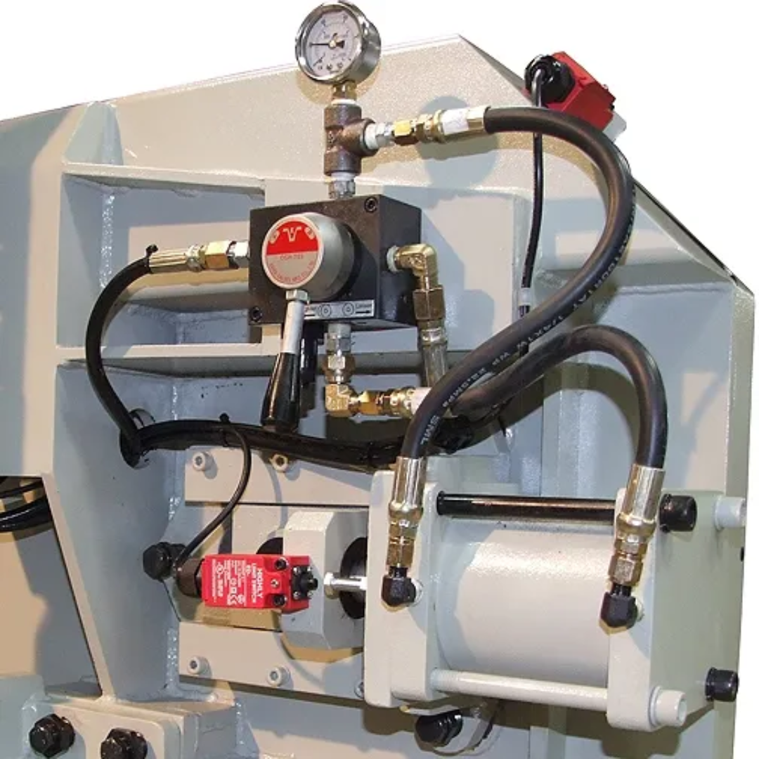 Hydraulic cutting system detail on Baileigh 14-Inch Semi-Auto Horizontal Bandsaw BS-360SA 1001582 providing controlled feed pressure and reliable cutting performance