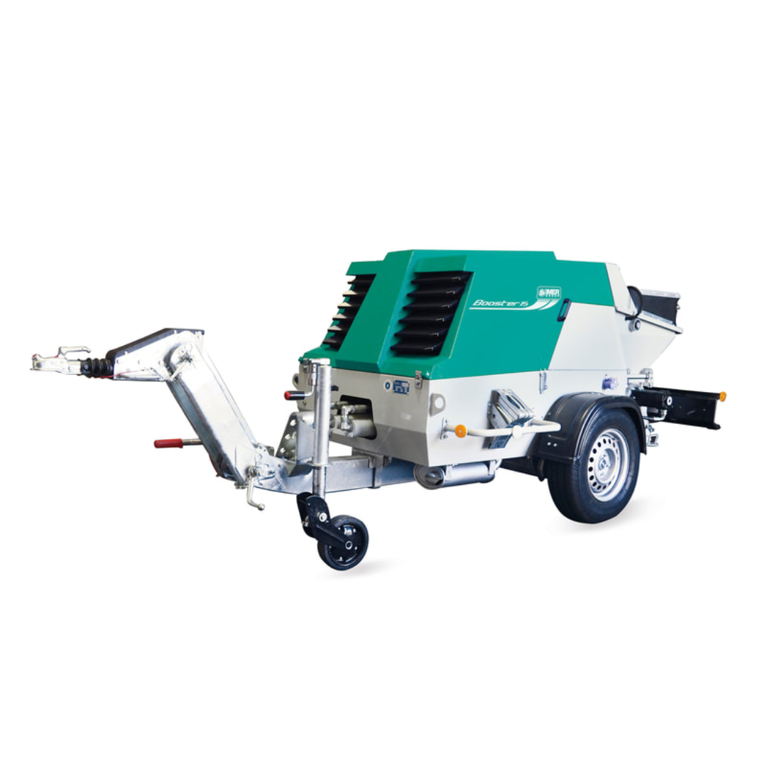 IMER BOOSTER 20 Piston Pump 1106427 compact transport configuration showing towable contractor-ready design engineered for commercial construction and material placement projects.