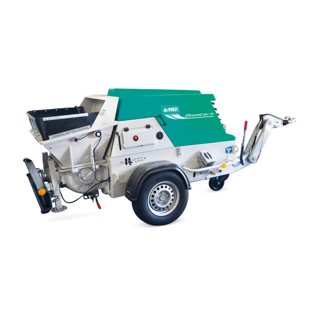 IMER BOOSTER 20 Piston Pump 1106427 front angle view featuring heavy-duty trailer-mounted frame, integrated hopper, and professional piston pumping system for high-output material applications.