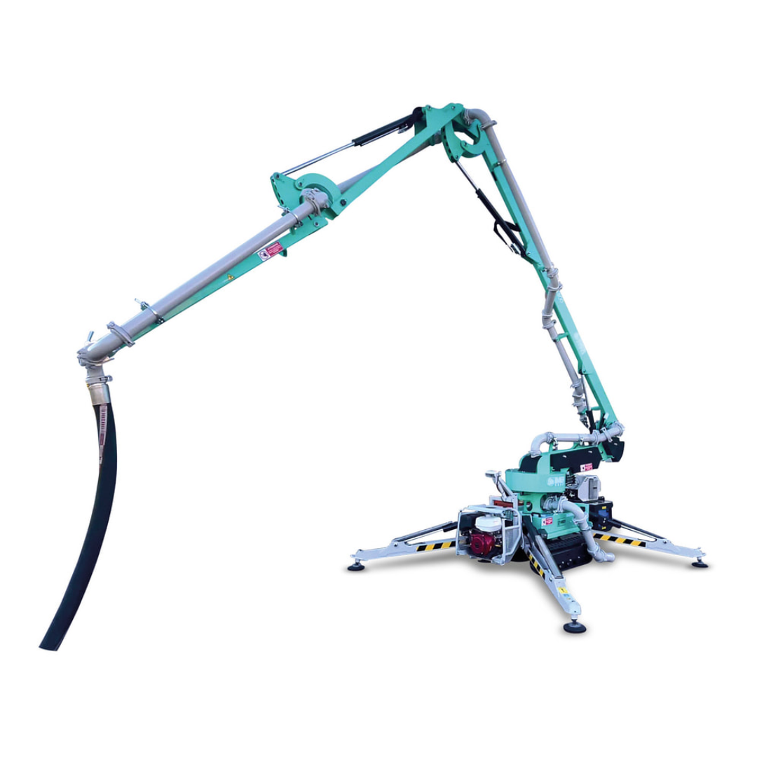 IMER GERRIS 800 Powered Crawler Concrete Placement Boom front angle view featuring articulated boom system, crawler base, and flexible concrete delivery hose for precision concrete placement applications.
