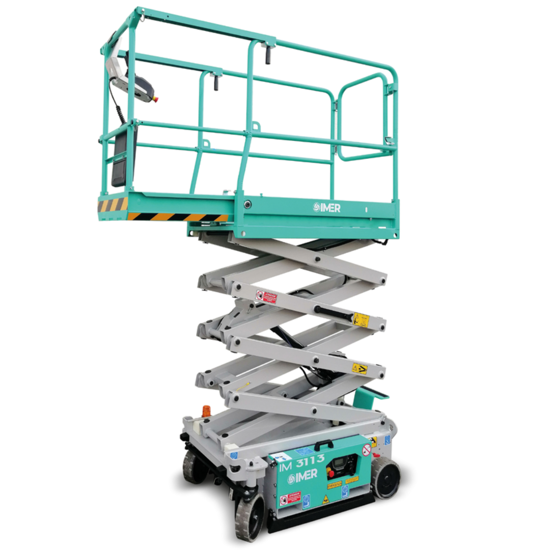 Compact IMER IM 3113 electric micro scissor lift with narrow chassis and zero-emission operation for confined spaces