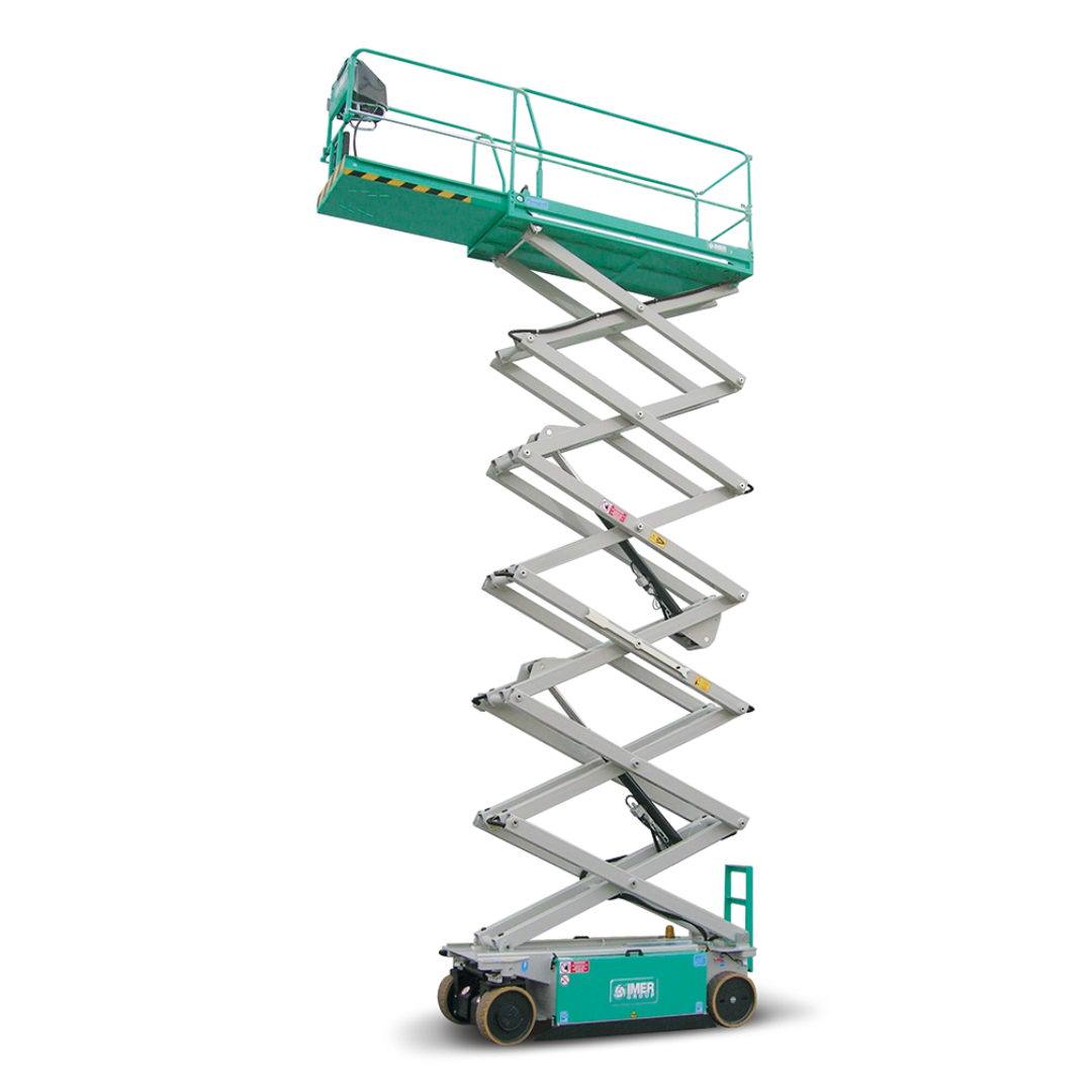 IMER IM 3540 ELECTRIC MICRO SCISSORS LIFTS fully elevated with compact electric scissor lift platform for indoor maintenance and warehouse access applications.