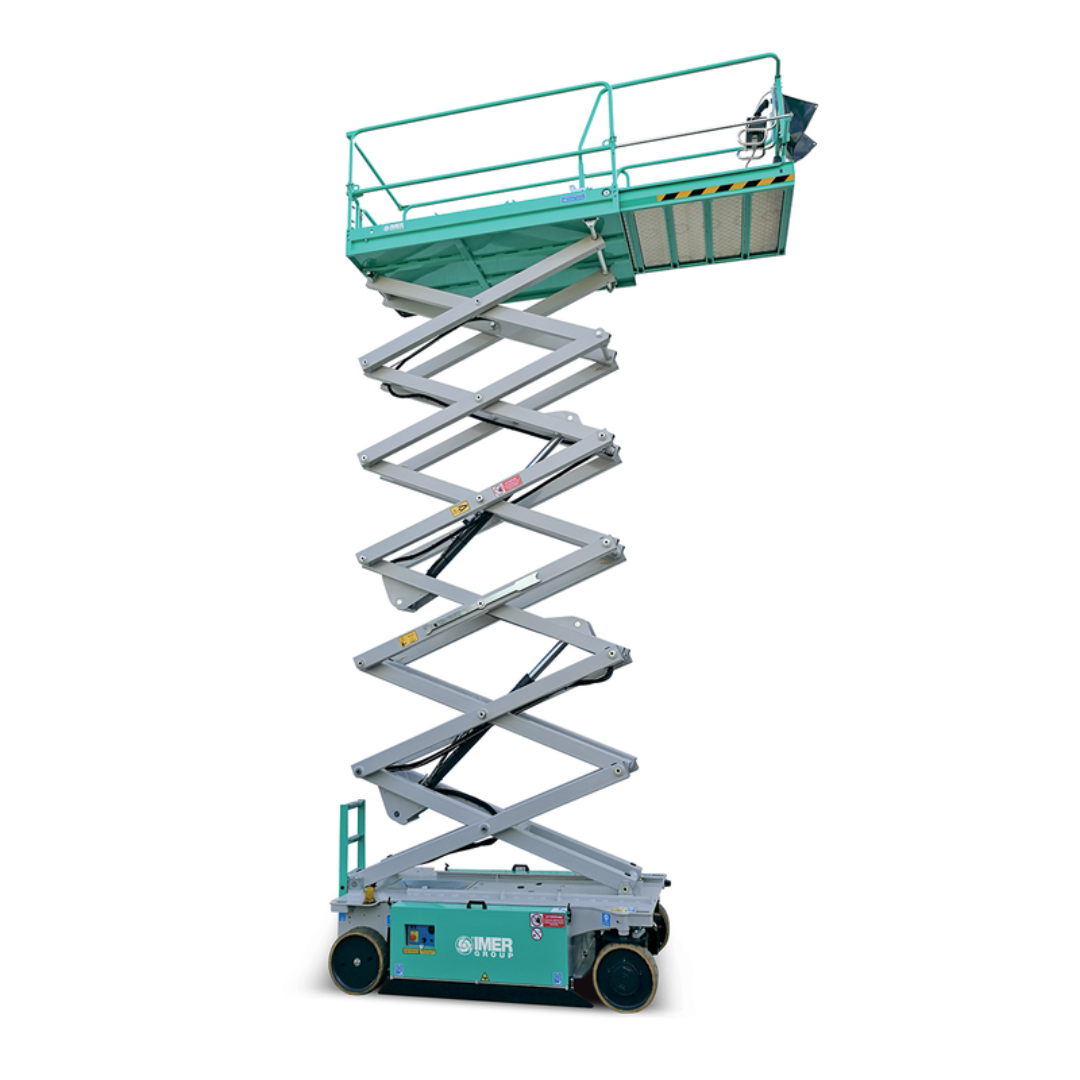 IMER IM 4740 ELECTRIC MICRO SCISSORS LIFTS elevated electric scissor lift with extended platform designed for high-reach indoor maintenance and industrial access applications.