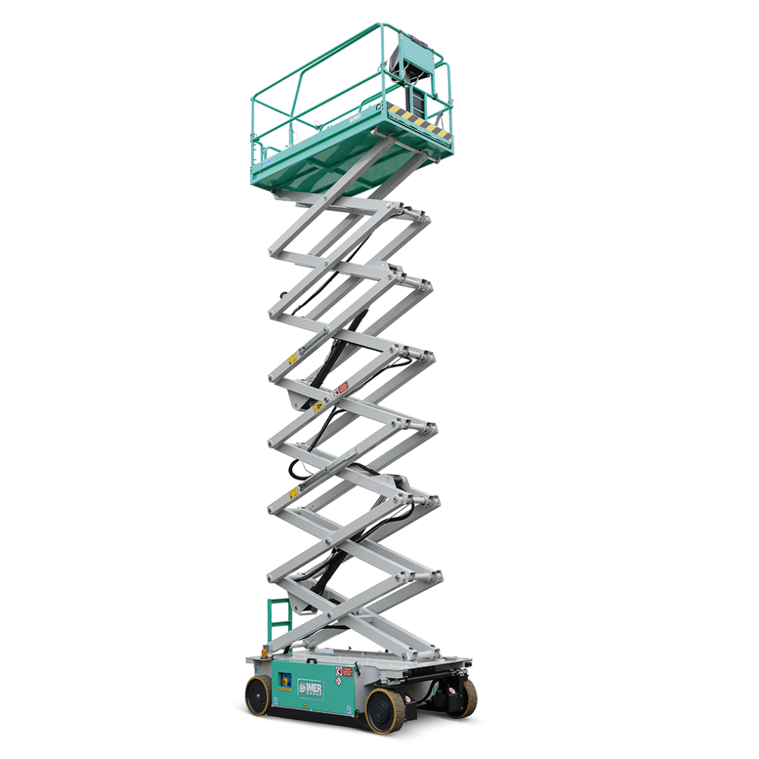 IMER IM 4746 ELECTRIC MICRO SCISSORS LIFTS elevated electric scissor lift with compact chassis and extended working platform for industrial and commercial access applications.