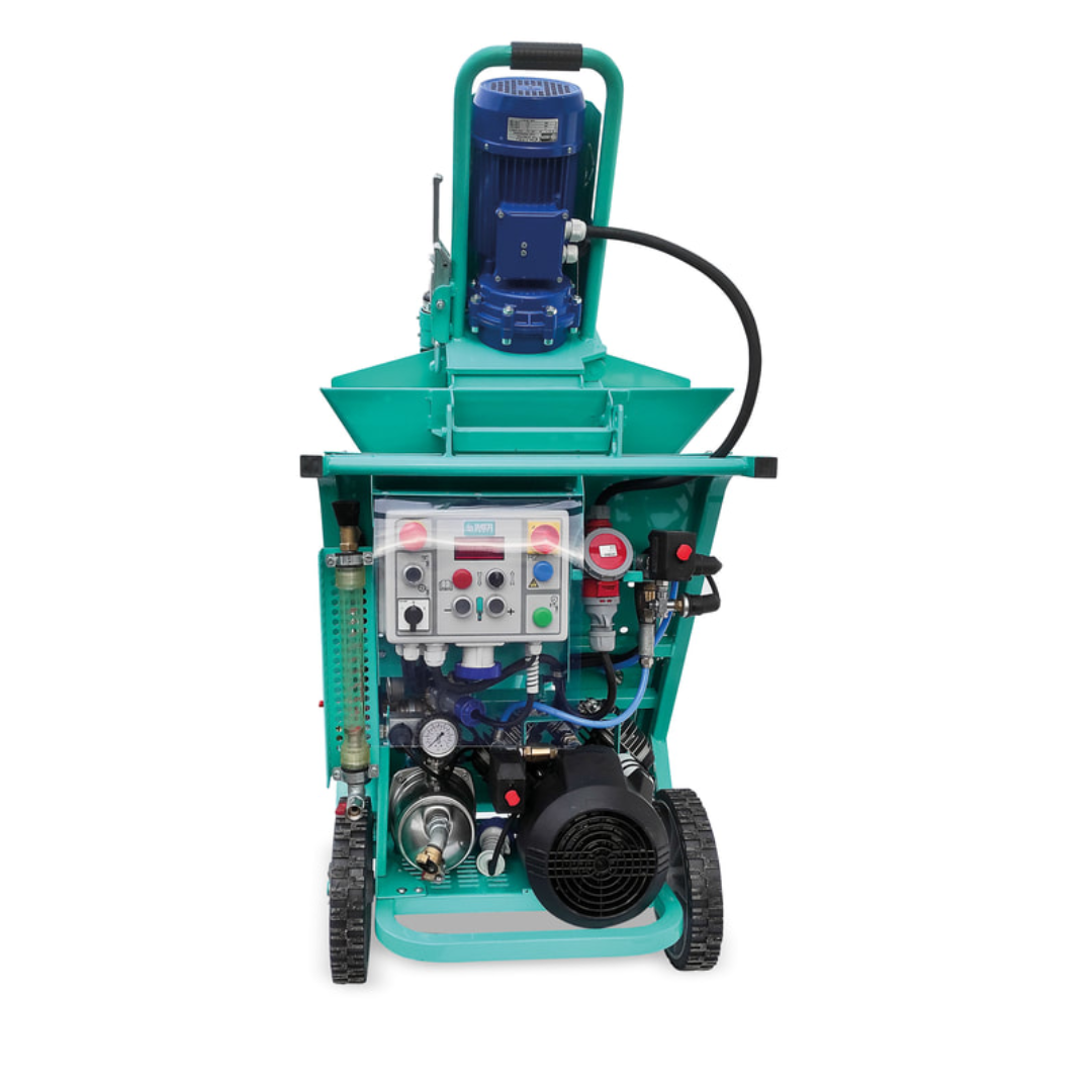 IMER KOINE 3.1 Continuous Mixer/Pump rear mechanical assembly showing motor, gearbox, and pumping system engineered for heavy-duty plaster and mortar applications.