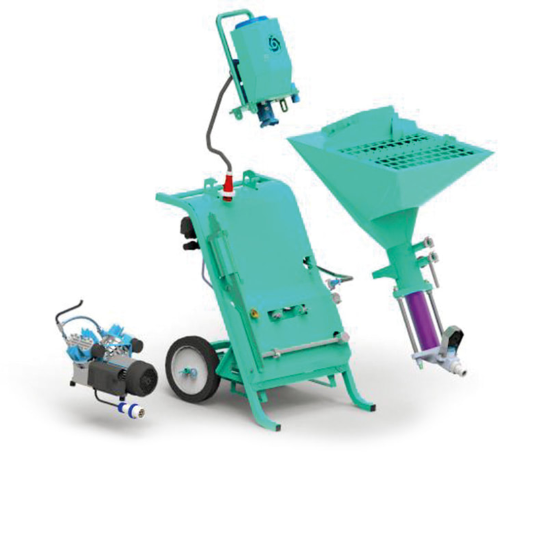 IMER KOINE 3.1 Continuous Mixer/Pump side angle view highlighting compact mobile design, large material hopper, and durable construction for jobsite efficiency.