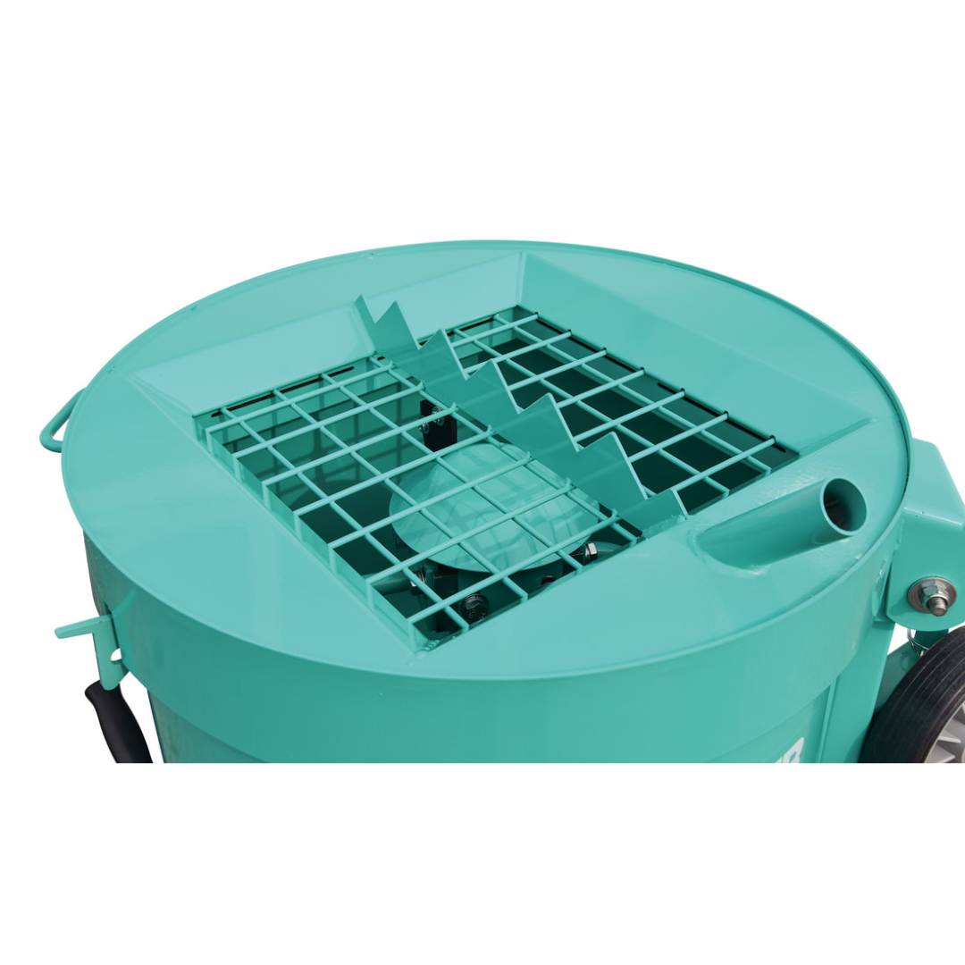 IMER MIX-ALL 120 Plus Vertical Shaft Mixer close-up view of integrated safety grate and large mixing drum for efficient material loading and operator protection