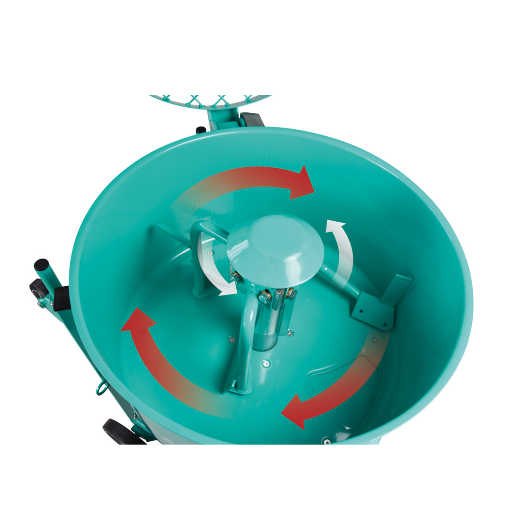 IMER MIX-ALL 120 Plus Vertical Shaft Mixer top-down view highlighting vertical shaft mixing paddles and durable mixing chamber construction