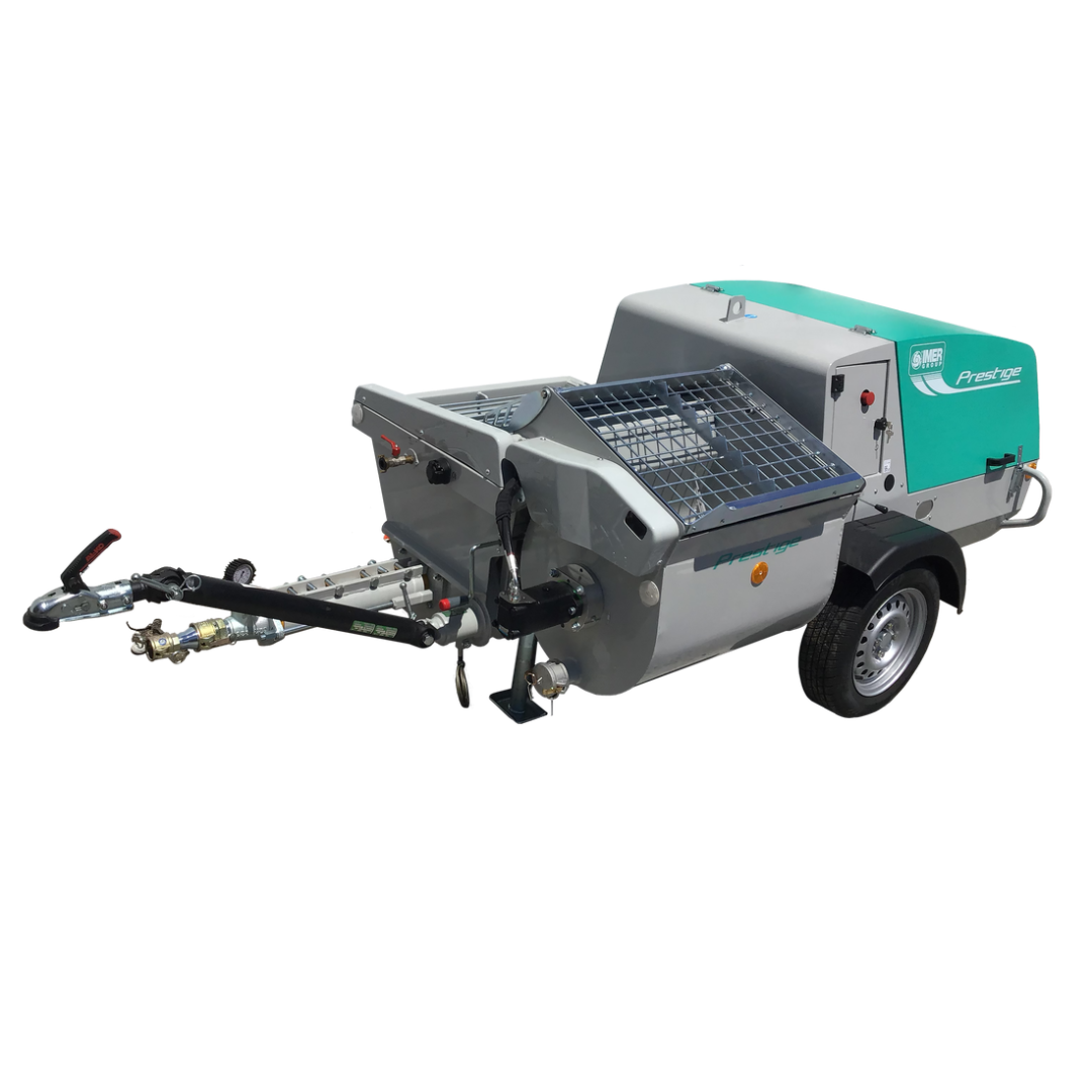 IMER PRESTIGE 300 Rotor/Stator Pump 1106133 front angle view featuring heavy-duty towable frame, enclosed pumping system, and integrated hopper for high-performance mortar and grout applications.