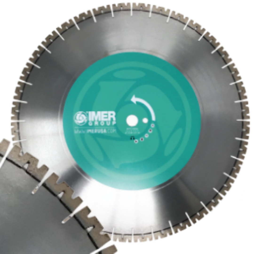 Front-facing IMER Premium Masonry / Block & Stone Blade 30 inch with premium segmented rim design for high-performance cutting of block, brick, concrete, and natural stone materials."
"Professional IMER Premium Masonry / Block & Stone Blade 30 inch showcasing durable steel core construction and precision diamond segments for demanding industrial masonry cutting operations."