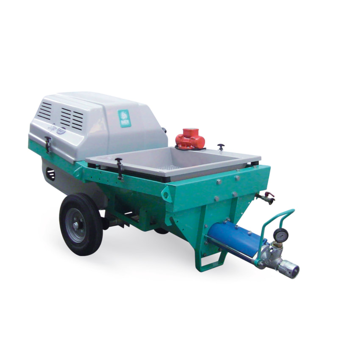 IMER STEP-UP 120 Rotor/Stator Pump 1106181 front angle view featuring compact towable frame, enclosed motor housing, and heavy-duty pumping assembly for high-performance material transfer applications.