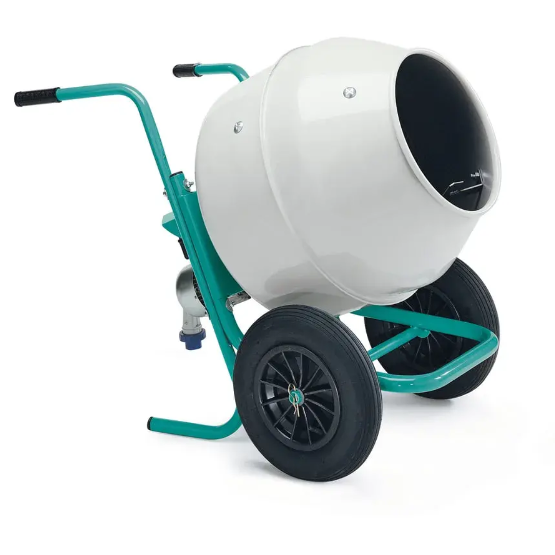IMER WHEELMAN II - Portable 5CF Wheelbarrow Style Mixer front angled view with durable steel frame and portable concrete mixing drum