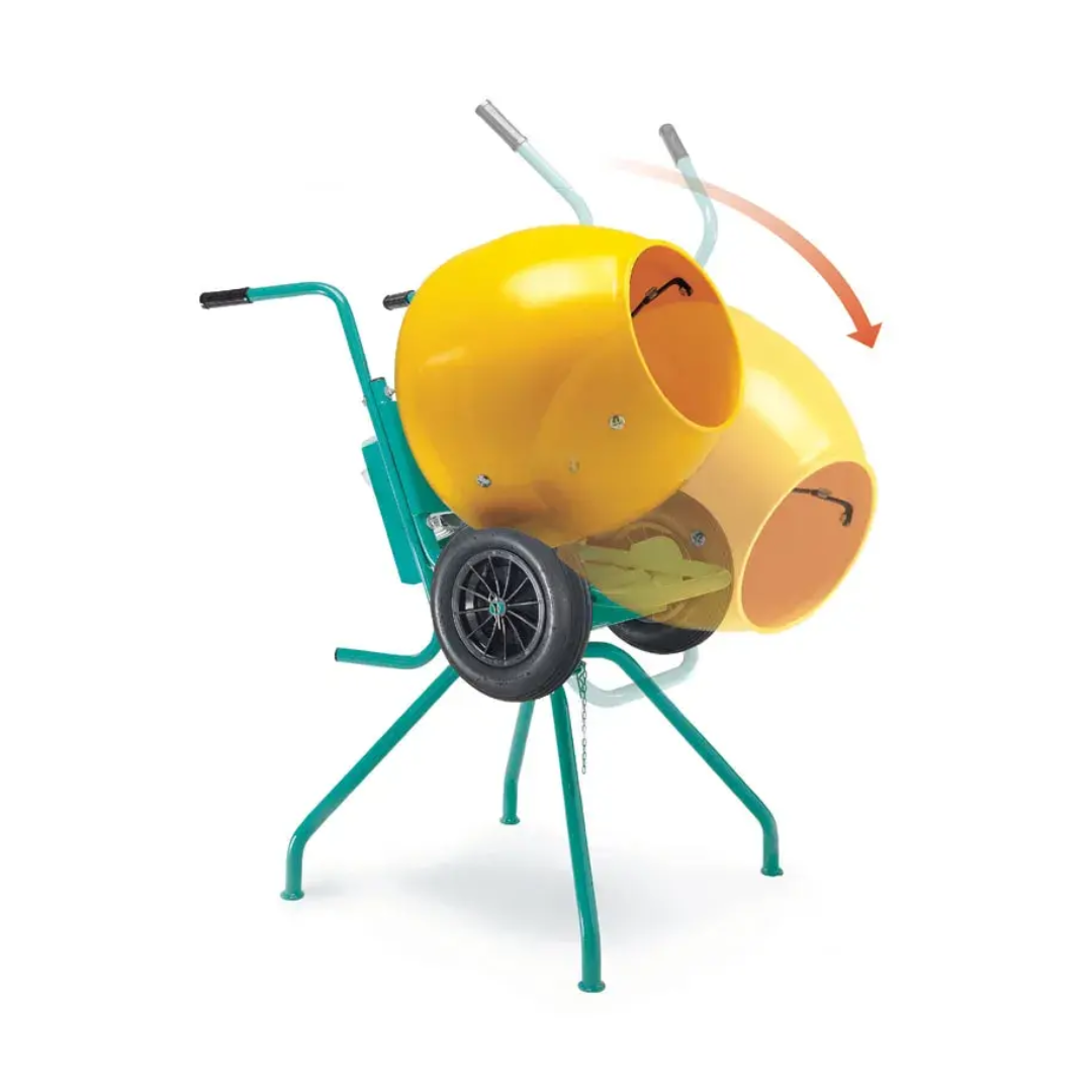 IMER WHEELMAN II - Portable 5CF Wheelbarrow Style Mixer rear angled view displaying motor assembly and reinforced support legs