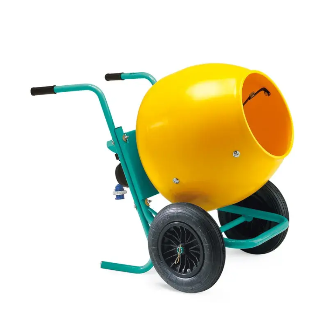 IMER WHEELMAN II - Portable 5CF Wheelbarrow Style Mixer side profile showcasing compact wheelbarrow design and high-capacity drum