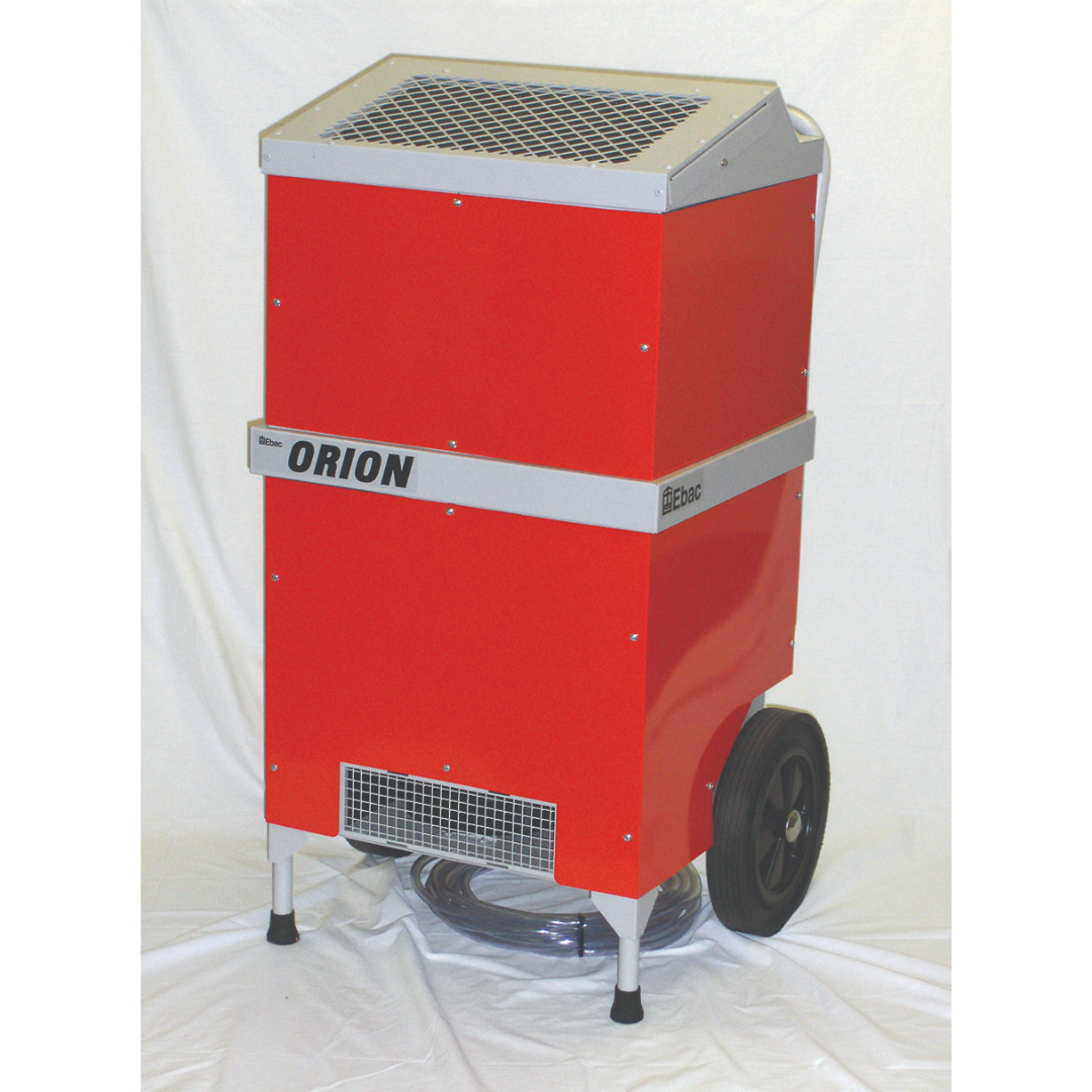 Industrial Ebac Orion Dehumidifier 11270GR-US with heavy-duty red steel cabinet, top air outlet grille, and mobile wheeled design for commercial humidity control