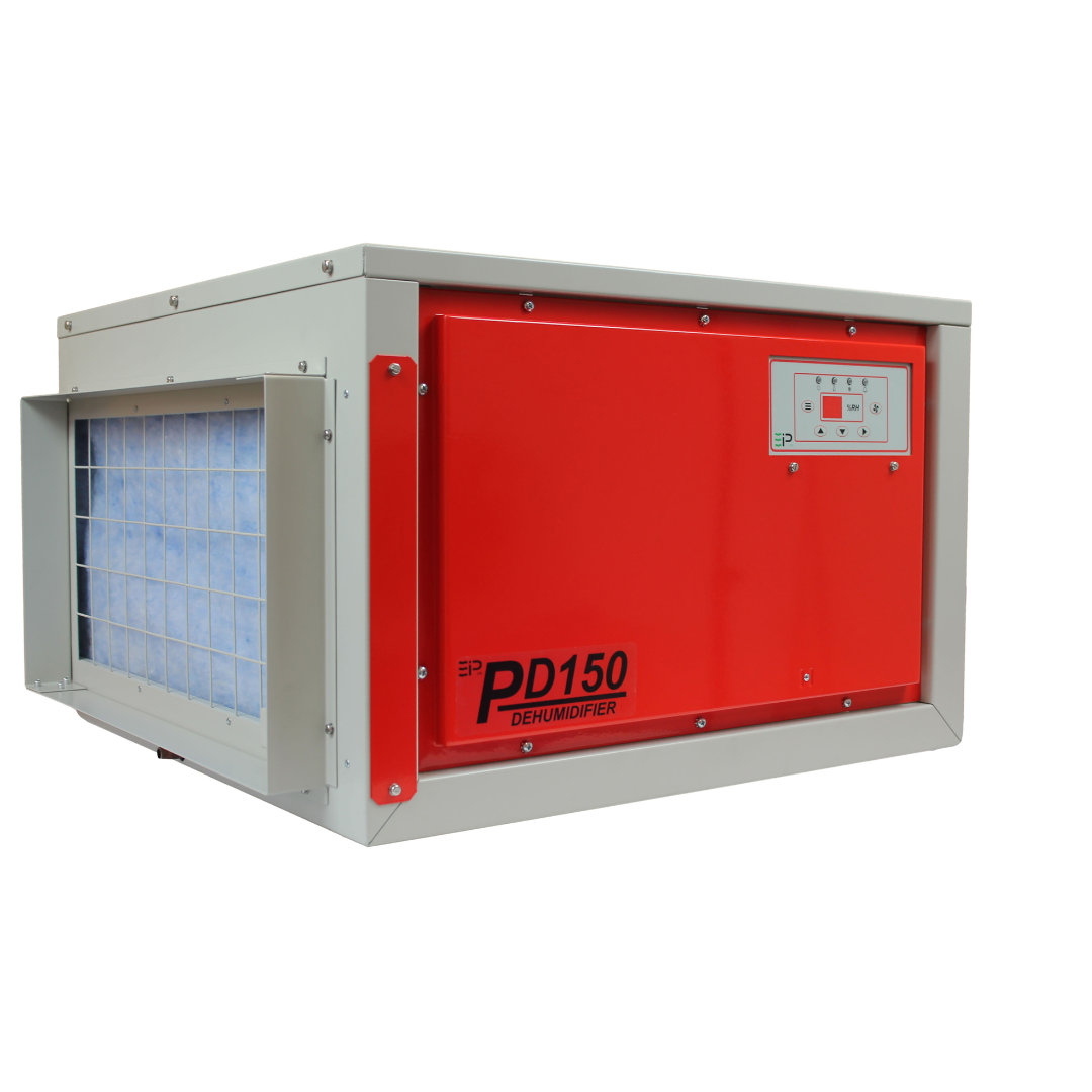 Industrial Ebac PD120-D Dehumidifier with red steel casing and integrated control panel installed in a rectangular ventilation housing