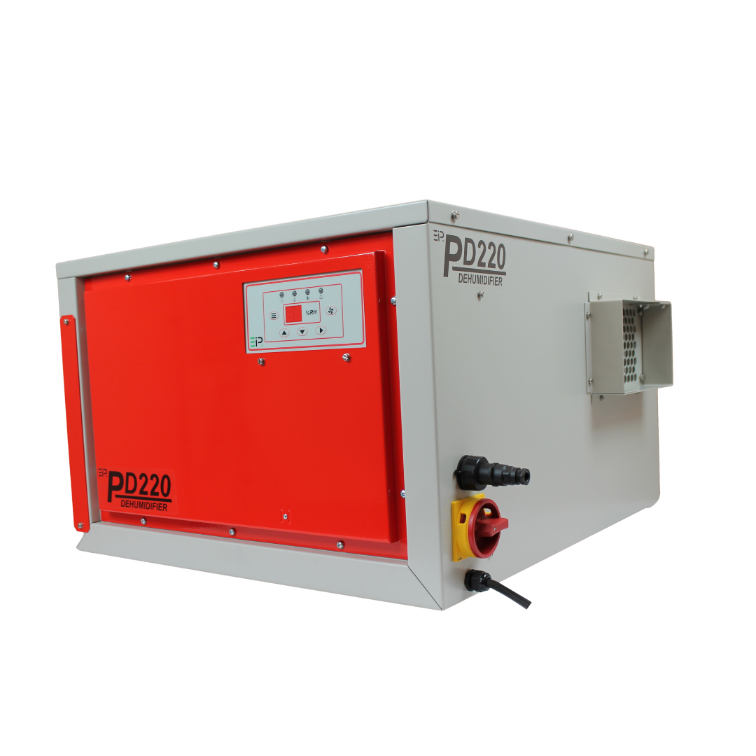 Industrial Ebac PD220-D Dehumidifier 10157GY-US with heavy-duty red steel cabinet, integrated digital control panel, and commercial humidity control design