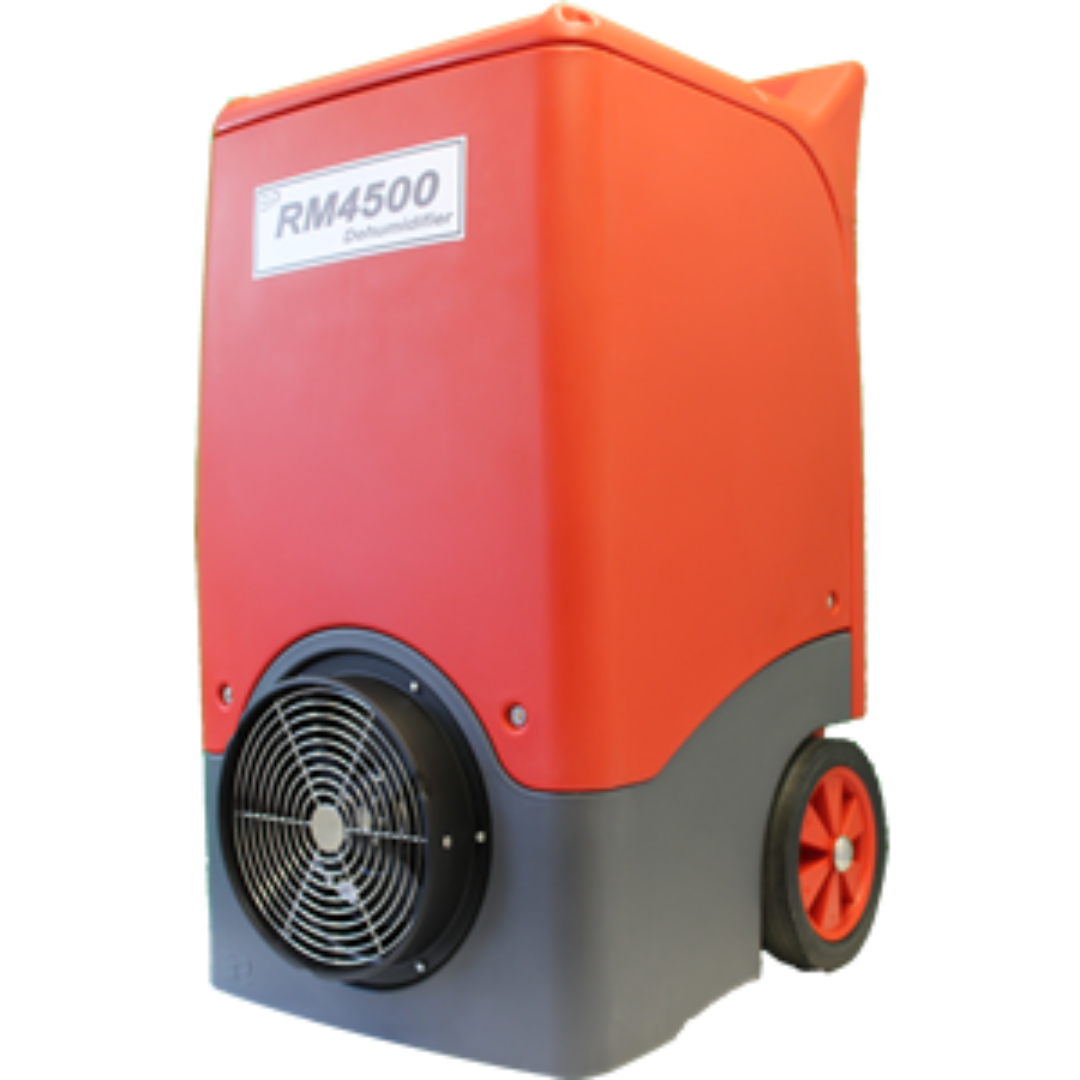 Industrial Ebac RM4500 / RM4500-H Dehumidifier with rugged red rotomolded housing, rear high-capacity airflow fan, and heavy-duty transport wheels designed for commercial restoration drying