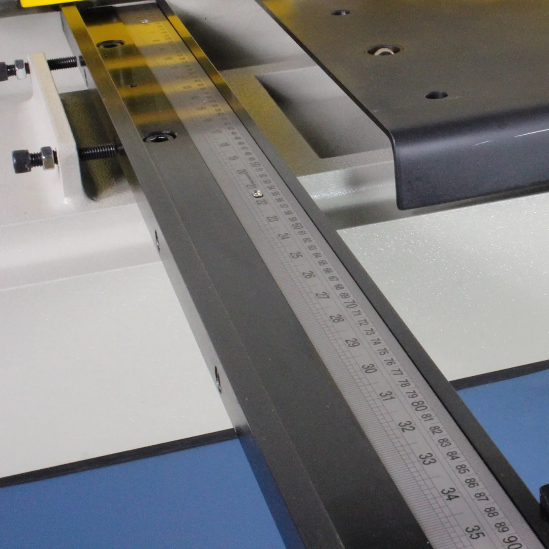 Integrated measuring scale and back gauge on Baileigh 52-Inch Heavy-Duty Hydraulic Sheet Metal Shear SH-5210-HD 1007122 allowing accurate material positioning and production cutting.