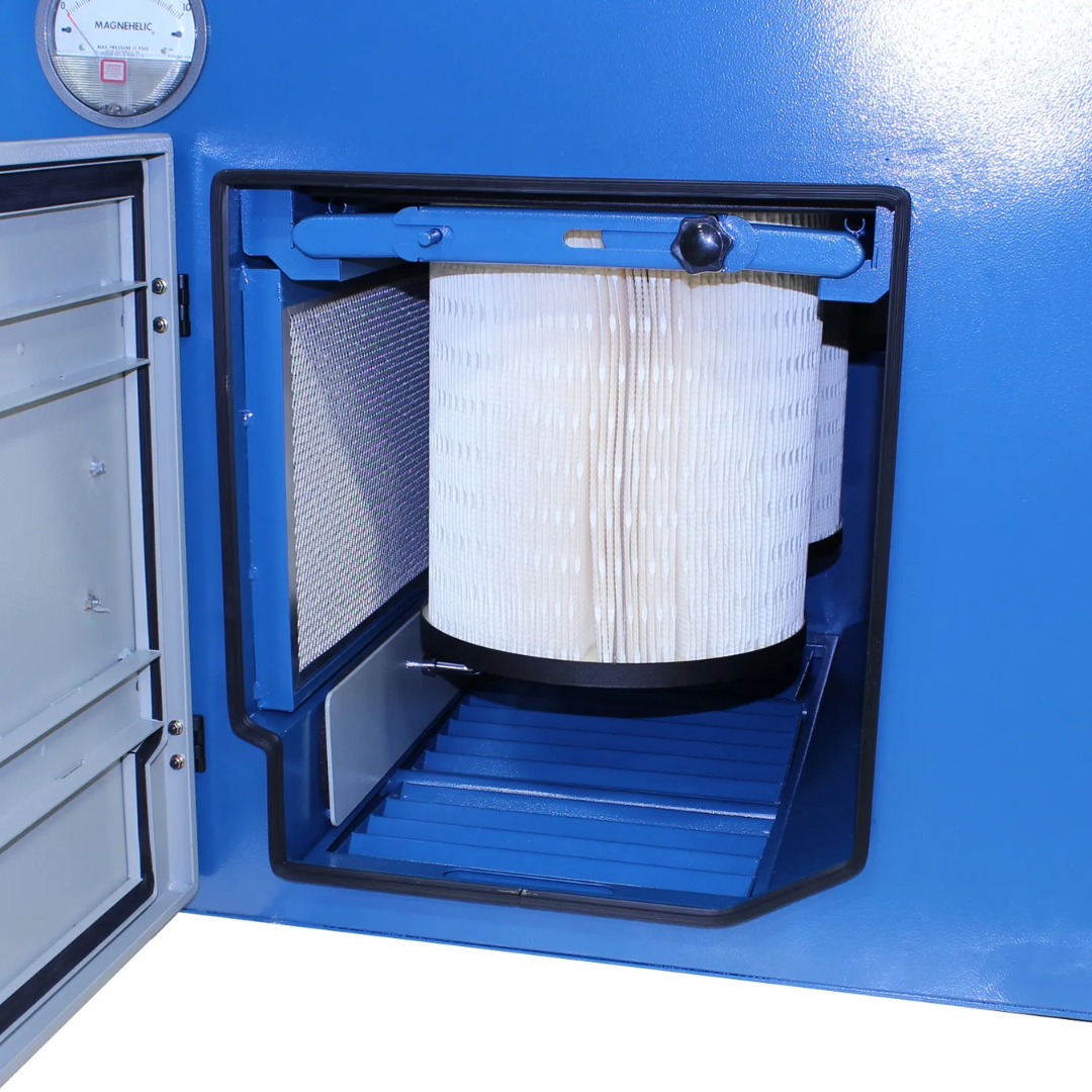 Internal filtration compartment of the Baileigh 48" x 40" Heavy-Duty Downdraft Table, 2 HP (DDTM-4840-HD) 1017589 showing replaceable filter media for dust and particulate control.