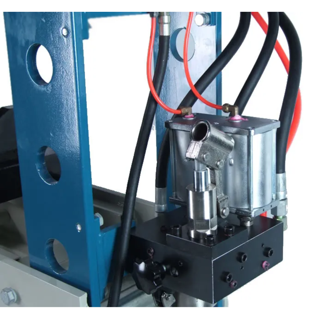 Internal pneumatic and hydraulic control components of the Baileigh 100-Ton Pneumatic H-Frame Shop Press (HSP-100A) 1004759 featuring industrial-grade valves, wiring, and power system.