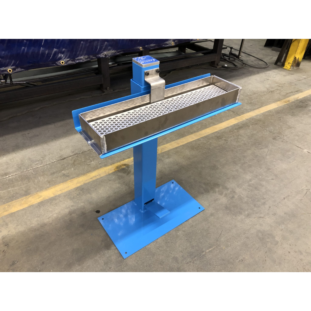 JLT #150B Redi-Spreader Glue Applicator mounted on blue pedestal base with wide stainless steel glue spreader head for industrial panel coating