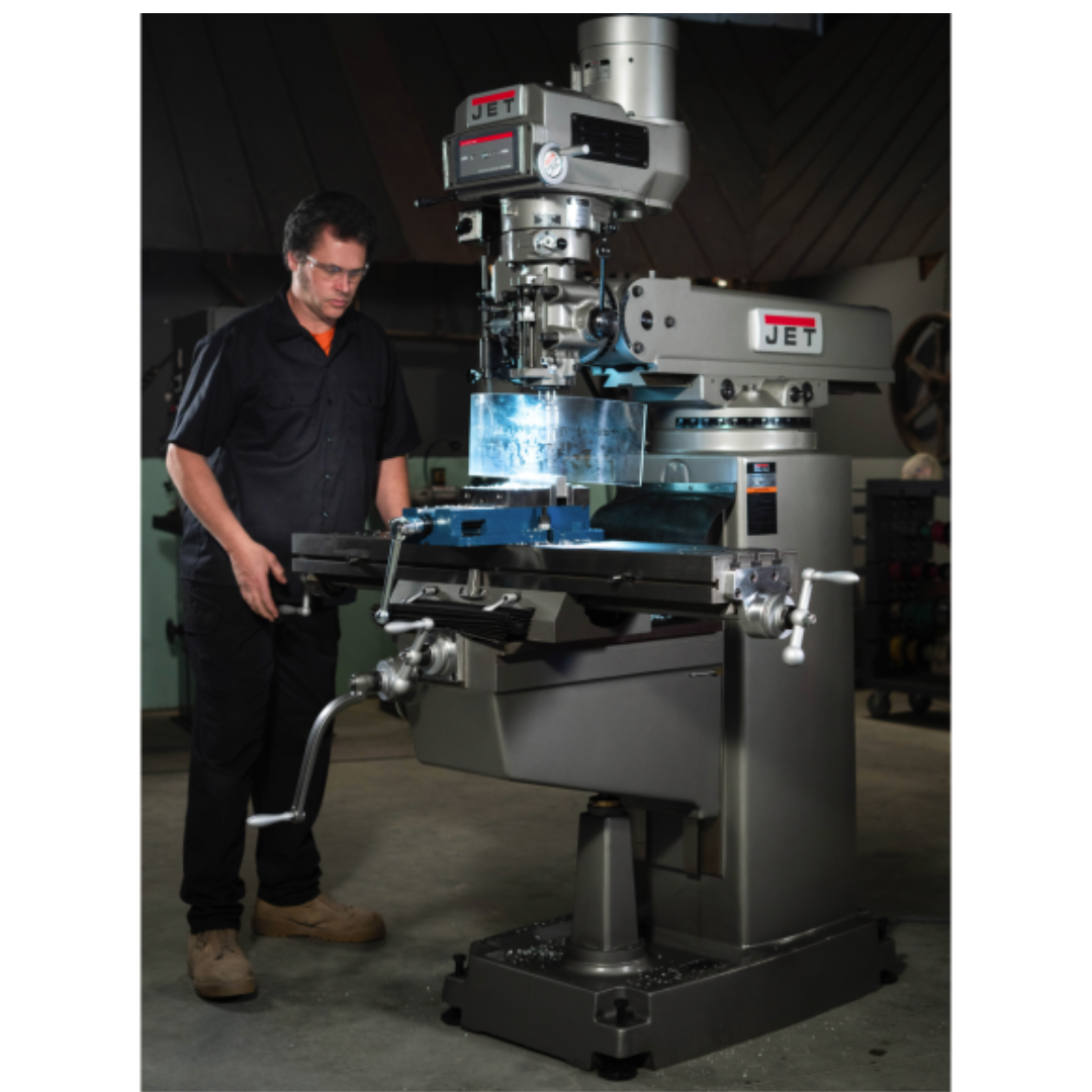 Jet 50 x 10" Knee Milling Machine: 3.00 hp, Electronic Variable Speed, Three Phase 60 RPM Min, 4200 RPM Max, R8 Spindle Taper 691050 machine in use