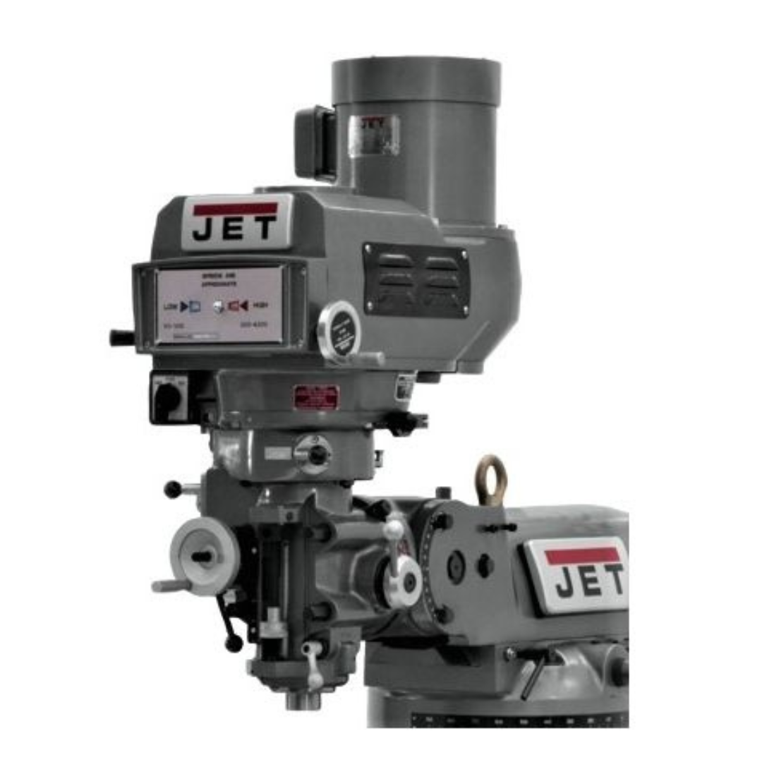 Jet 9 x 49" Knee Milling Machine: 3.0000 hp, Variable Speed Pulley, Three Phase 60 RPM Min, 4200 RPM Max, R8 Spindle Taper 690182 top view of machine