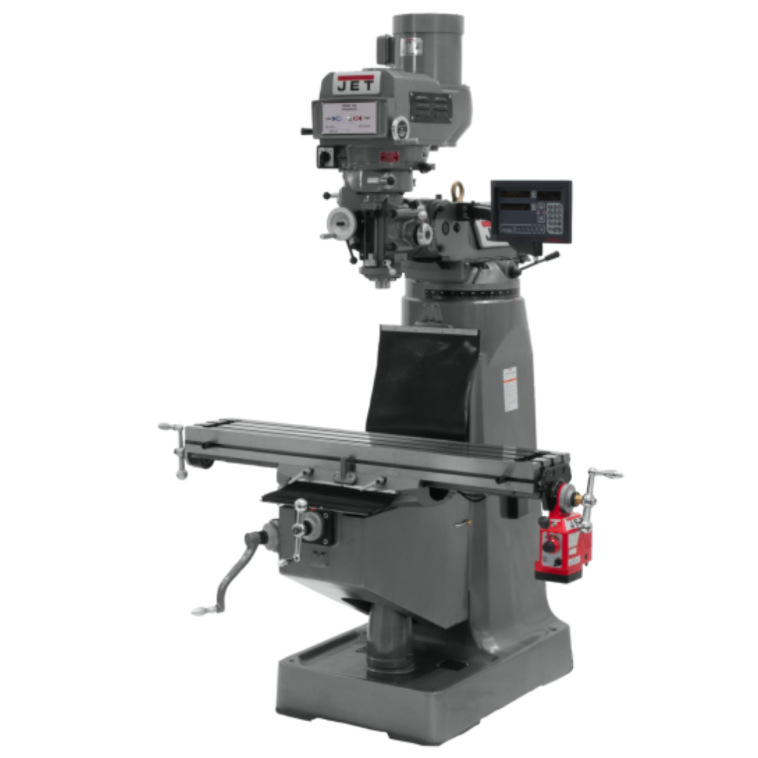Jet 9 x 49" Knee Milling Machine: 3 hp, Variable Speed Pulley, Three Phase 60 RPM Min, 4200 RPM Max, R8 Spindle Taper, With X-Axis Power Table Feed & Newall NMS800 DRO 690087 machine view