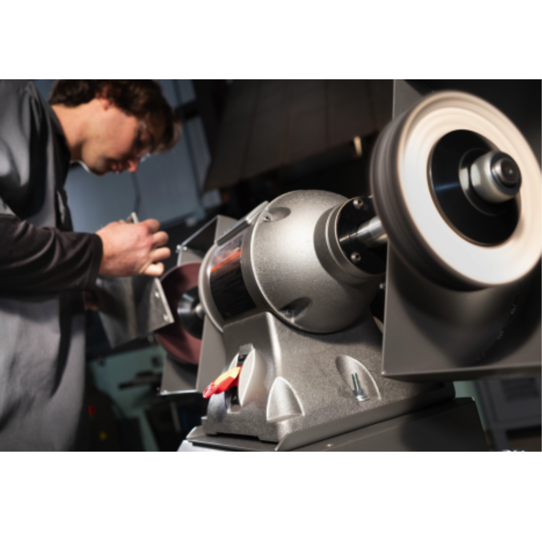 Jet Bench Buffer: 10" Wheel Dia, 1" Arbor Hole Dia 115 & 230 V, 1 Phase, 1,800 Max RPM 578410 machine in work right angle