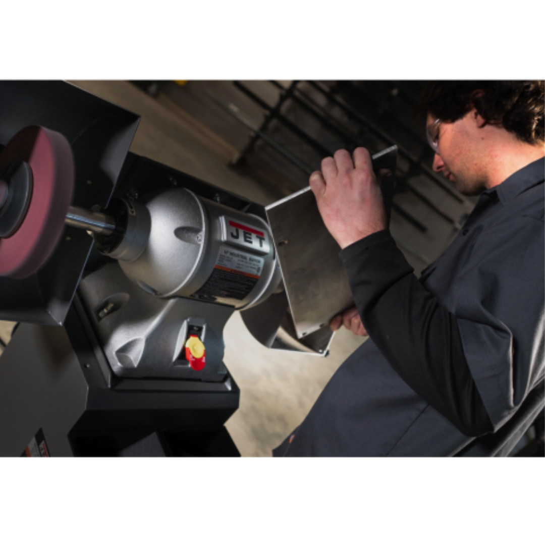 Jet Bench Buffer: 8" Wheel Dia, 5/8" Arbor Hole Dia, 1 hp 115 & 230 V, 1 Phase, 3,600 Max RPM 577408 left view in machine shop