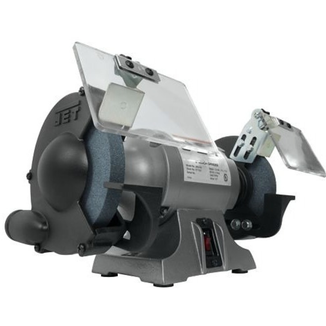 Jet Bench Grinder: 8" Wheel Dia, 5/8" Arbor Hole Dia, 1 hp 577102 left side close up from the bottom