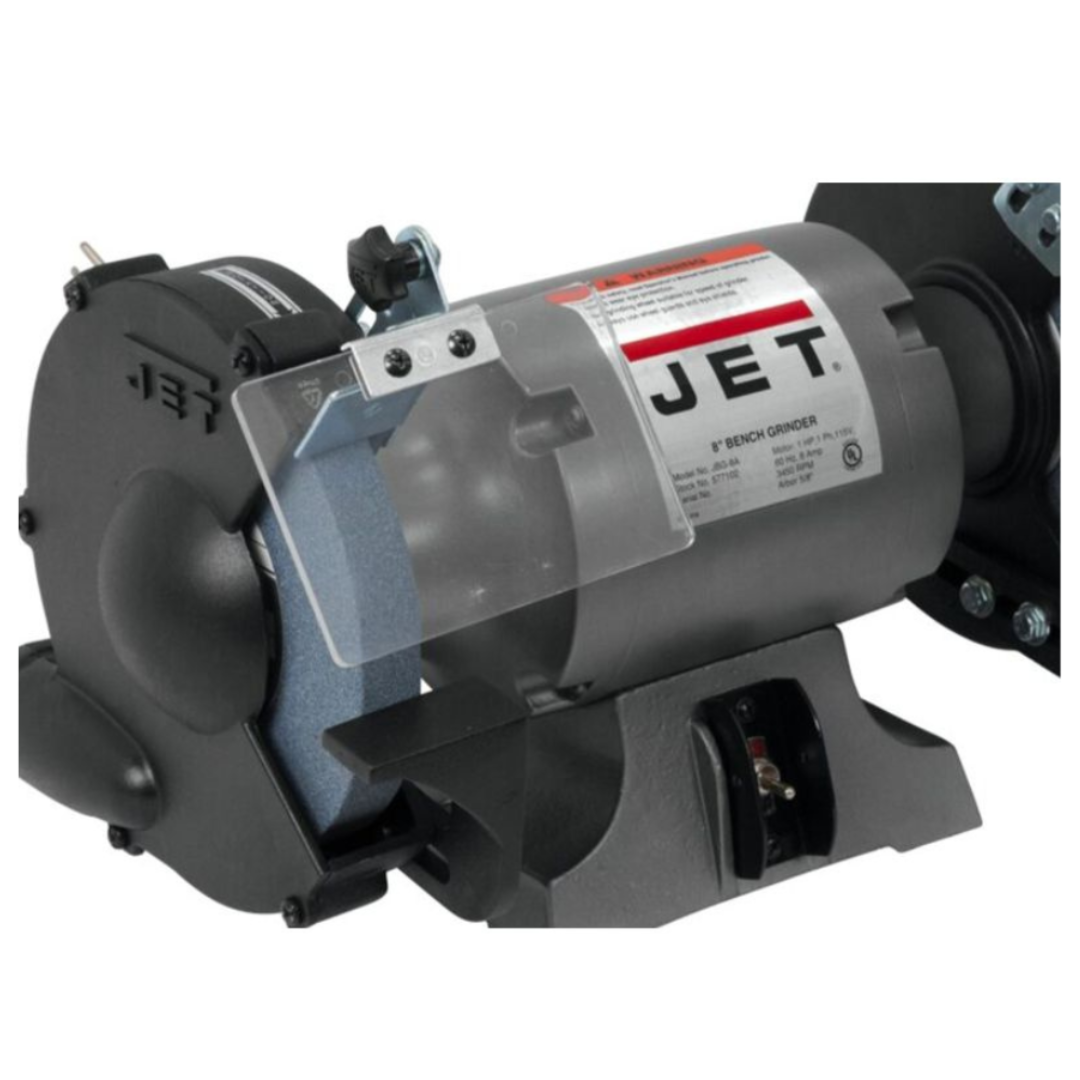 Jet Bench Grinder: 8" Wheel Dia, 5/8" Arbor Hole Dia, 1 hp 577102 left side close up with guard