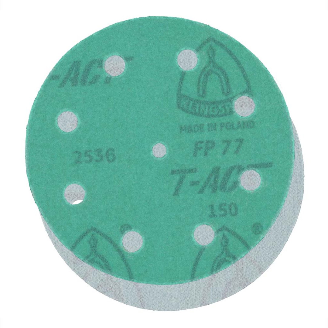 Klingspor FP77 GreenTec, 150 Grit, Film, 5"x Festool 9 Holes 1/4" Center Hole, Kling-On 077FPK150W-12700FS sanding disc featuring premium aluminum oxide abrasive grain, durable waterproof 3 mil film backing, Festool-compatible 9-hole dust extraction pattern, and 1/4-inch center hole for efficient surface preparation, finishing, and sanding applications.