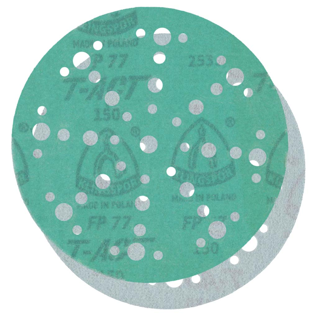 Klingspor FP77 GreenTec, 150 Grit, Film, 6"x 48 Holes, Kling-On 077FPK150W-150MJ2 sanding disc featuring premium aluminum oxide abrasive grain, durable waterproof 3 mil film backing, advanced 48-hole dust extraction pattern, and GreenTec T-ACT coating technology for reduced loading, cooler sanding temperatures, extended abrasive life, and superior finishing performance on wood, composites, fiberglass, aluminum, plastics, and painted surfaces.